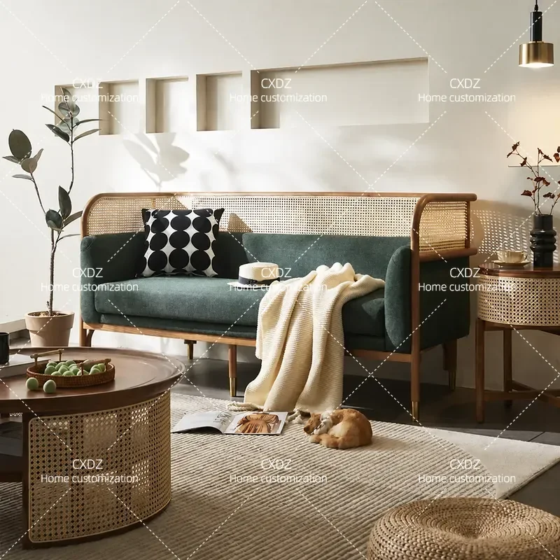 Solid Wood Rattan Three Seater Sofa Coffee Table Set Small Apartment Living Room Double Leisure Chair Wabi Sabi