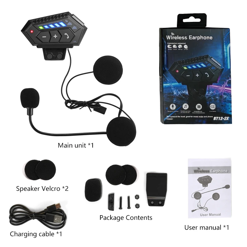 

Bluetooth-гарнитура BT12 2X для мотоциклетного шлема, BT5.4, беспроводная, с функцией громкой связи, шумоподавлением, водонепроницаемая, с подсветкой
