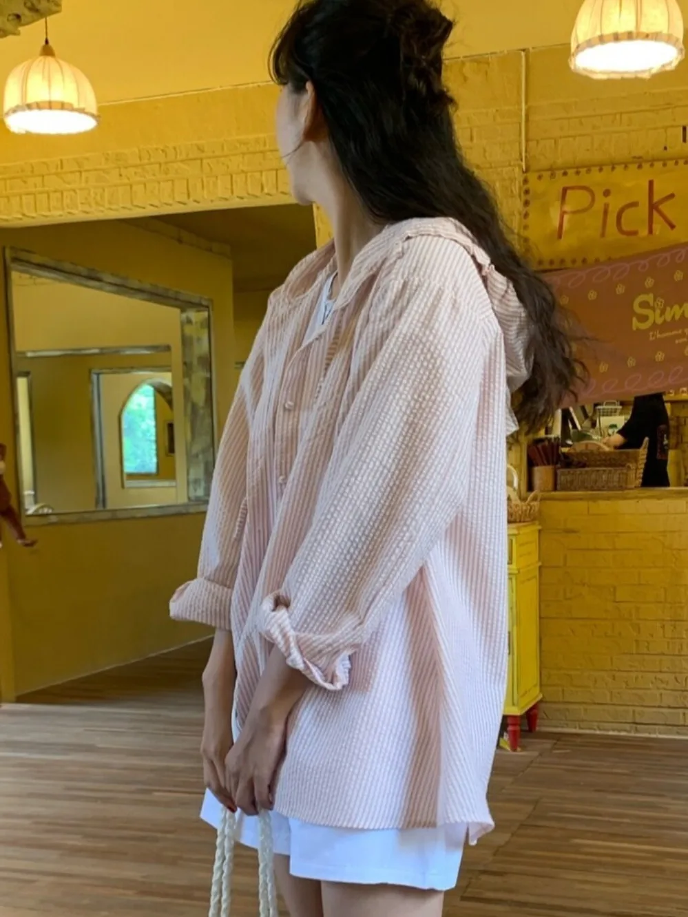 

Chic Summer Vintage Hooded Loose Casual Stripe Long Sve Women's Sun Protection irt Coat Sweet Sle Lantern Sve ...