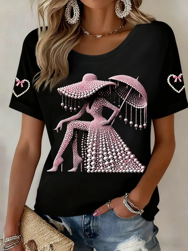 Pink October Breast Cancer Awareness T-Shirt Anti-Cancer Shirt Retro T-Shirt Round-Neck Short-Sleeve Casual Top Women's Clothing