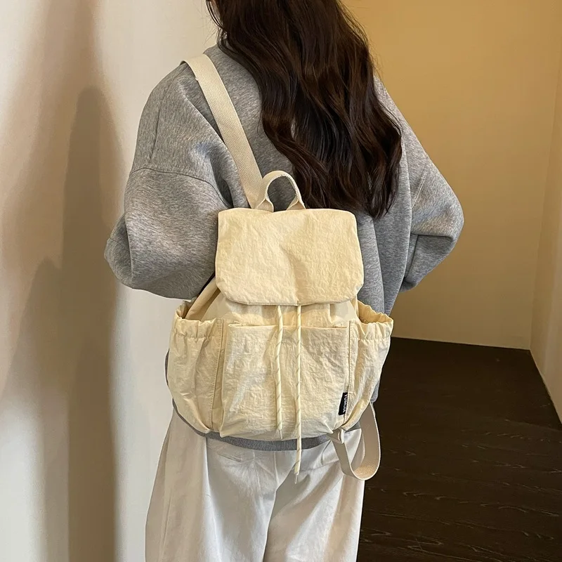 Women Nylon Drawstring Backpack Lightweight Flap Daypack With Side Pockets Casual Travel School Bag Soft Daily Commuter Rucksack