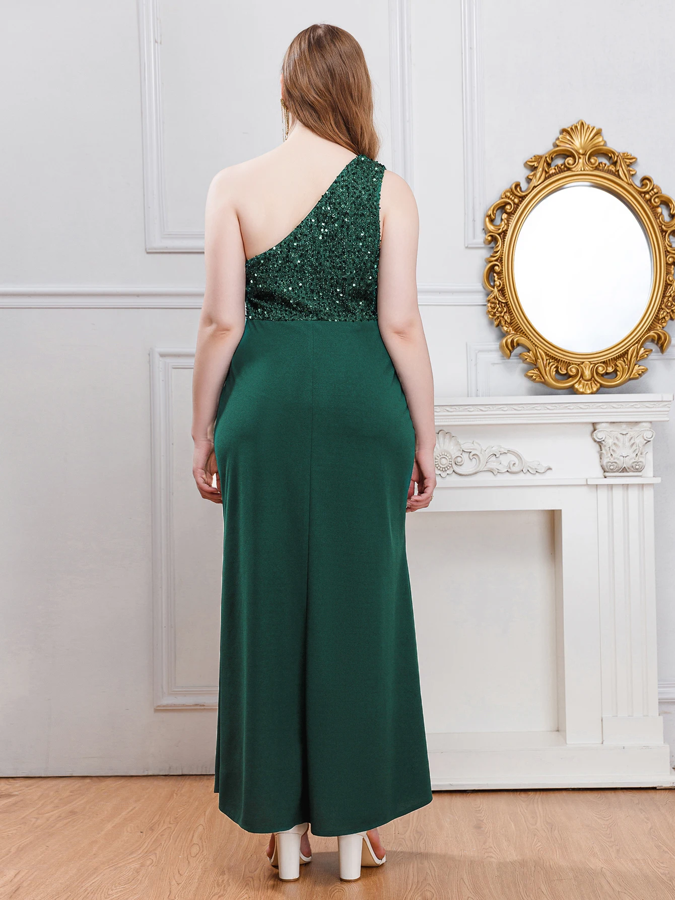 Plus Size Party Dresses Women Elegant One Shoulder Sequins Split Evening Gowns 2024 Fashion Splicing High Waist Long Dresses