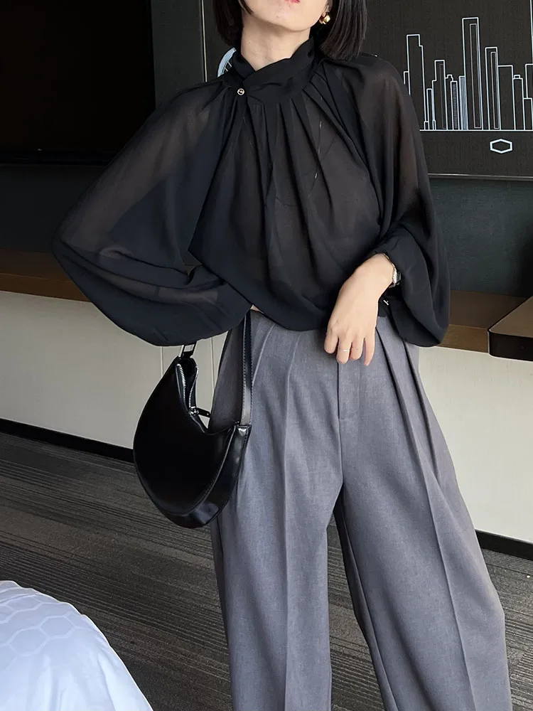 

Loose Bla High Collar Pure Color irt Autumn New Sle Original Design Polyester Fiber Long Sve Women's Faion irt