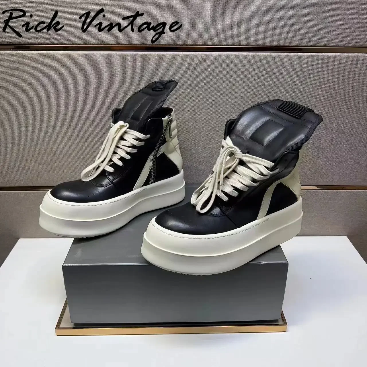 Rick Vintage mężczyźni kobiety wysokie buty na platformie skórzane sznurowane trampki gruba podeszwa 7cm czarne luksusowe buty designerskie Rick