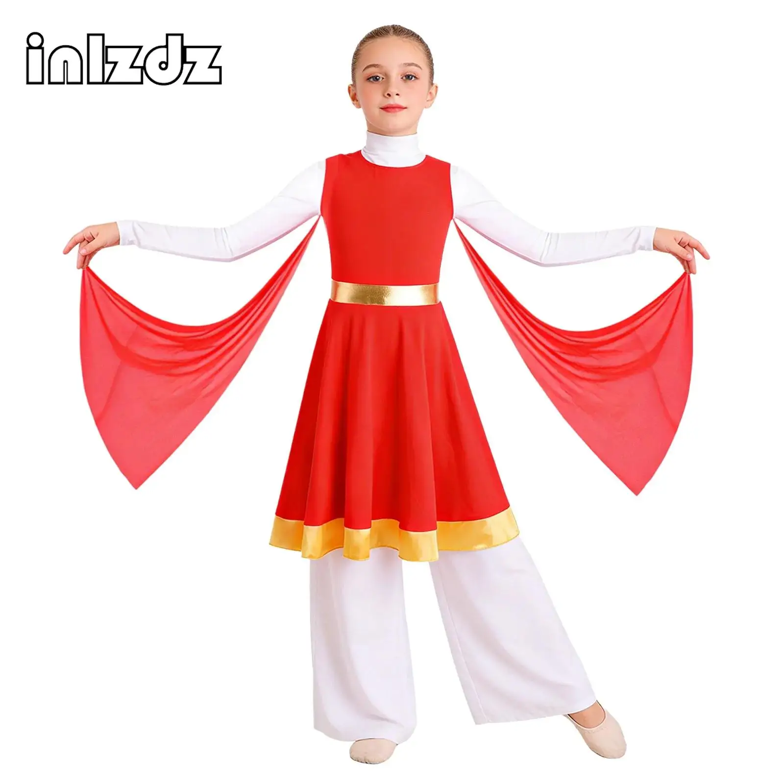 

Kids Girls Liturgical Praise Dance Tunic Dress Metallic Waist Contrast Color Hem Dress with Mesh Drapes for Lyrical Modern Dance