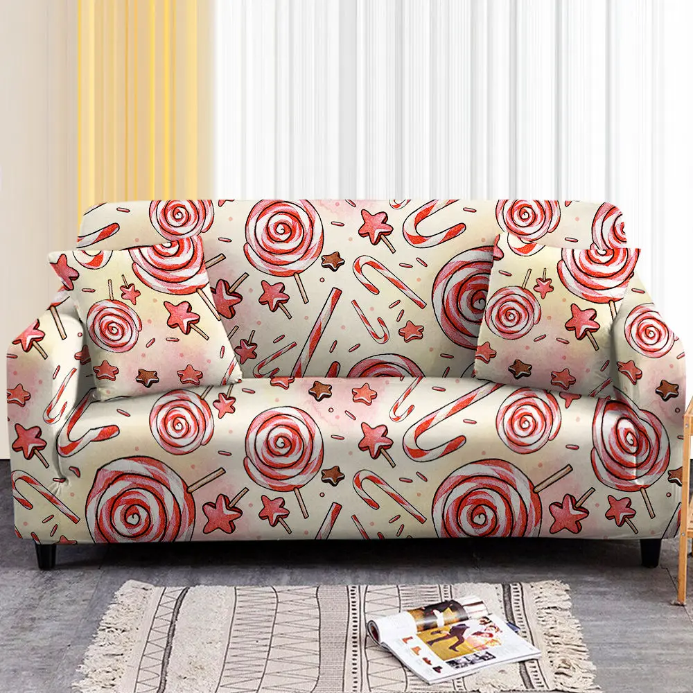 Merry Christmas Elastic Sofa Cover for Living Room Cane Candy Lollipop Pattern Corner Sofa Covers Sectional Fundas Sofa