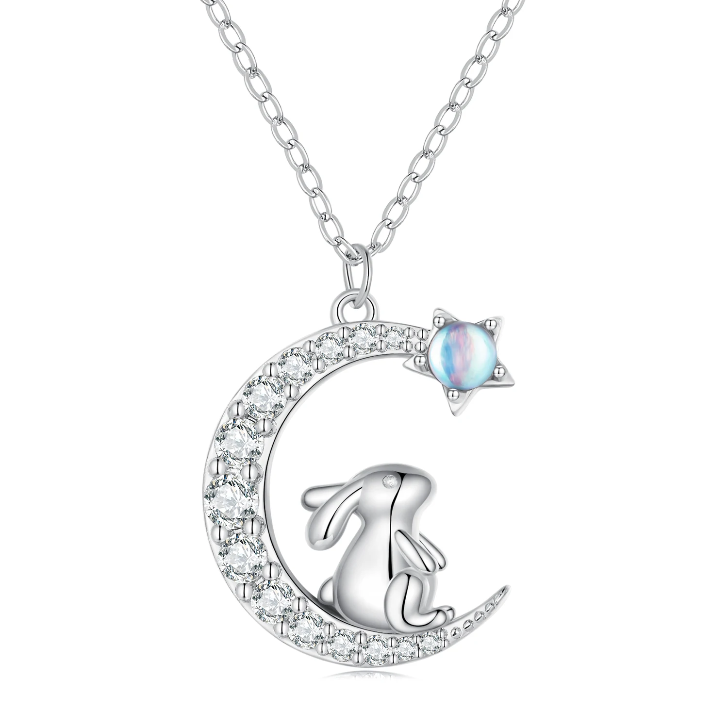 Cute Cat Moon Necklace with Crystal Zircons
