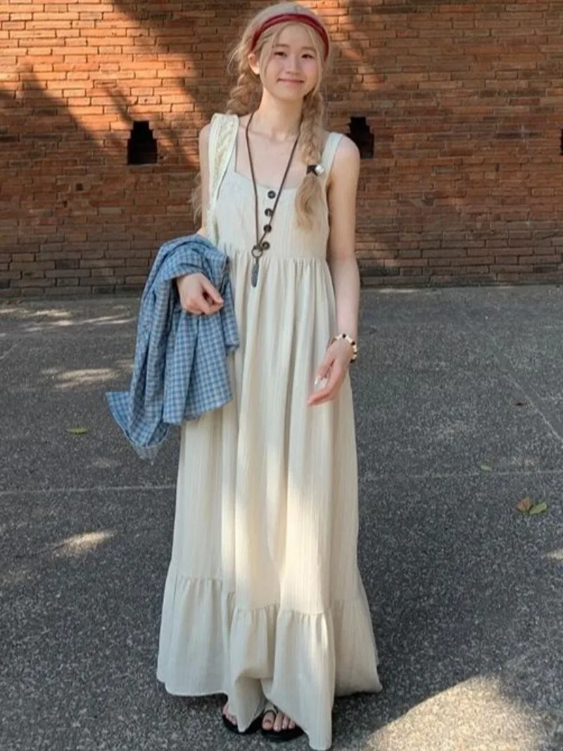 

plus Size Women's Gentle Style Strap Dress Summer New High Waist Loose Slimming Belly Covering Simple Over-Knee Long Dress