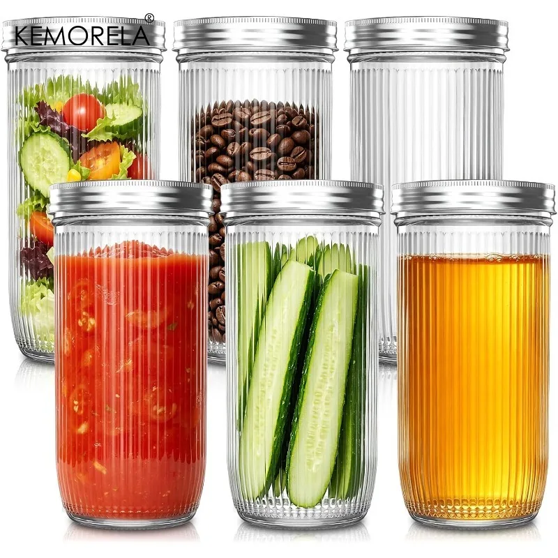 6PCS Airtight Glass Jars with Lids Clear Ribbed Mason Jars for Kitchen Food Storage Pickling Canning Spices Olive Oil BPA Free