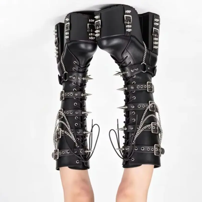 Punk-Style Platform Motorcycle Boots Studded round Toe Lace-Up Gothic Rock Y2K Street Fashion Party Stage Boots for Women