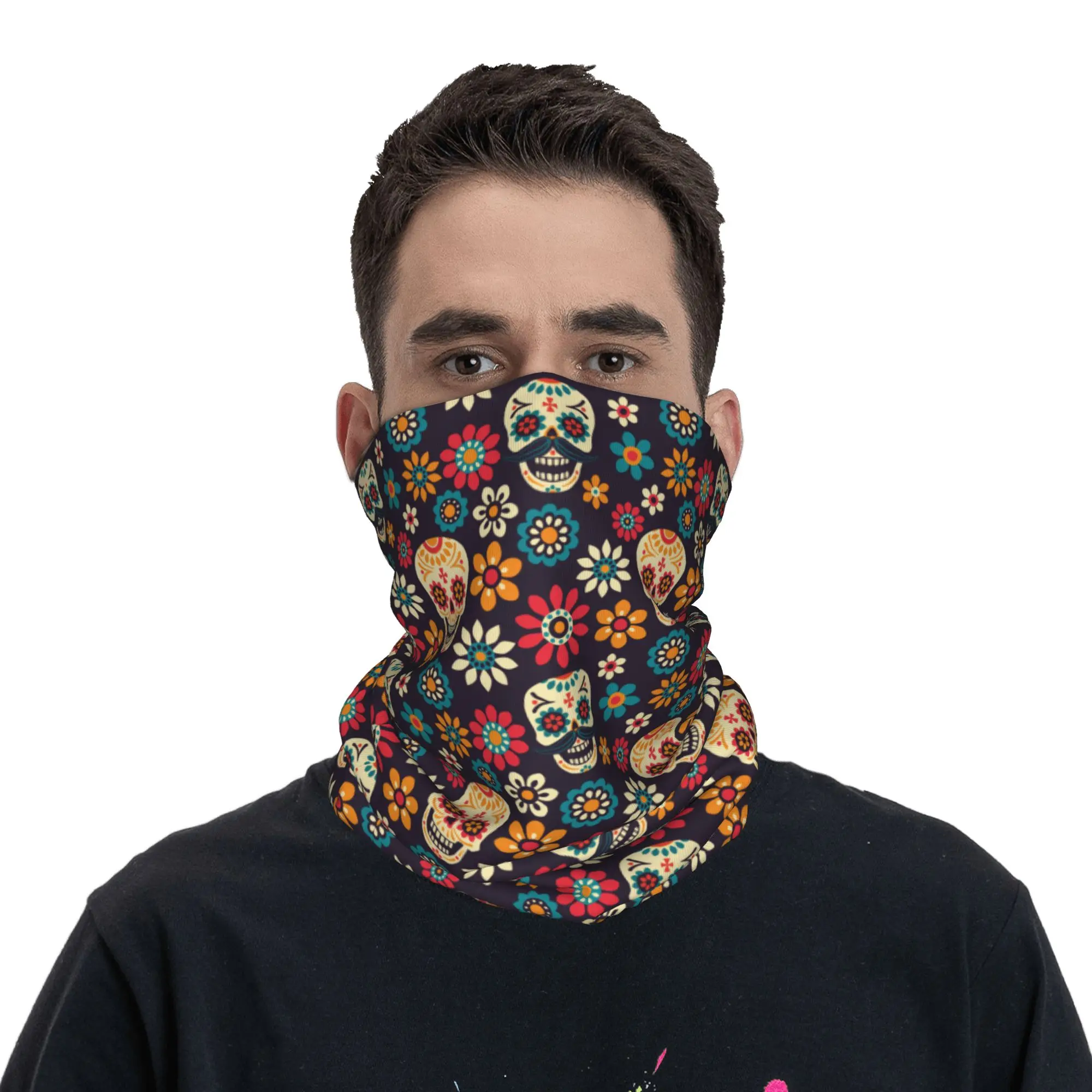 Mexican Flowers Day Of The Dead Sugar Skull Neck Gaiter Men Women Windproof Winter  Bandana Scarf for Cycling