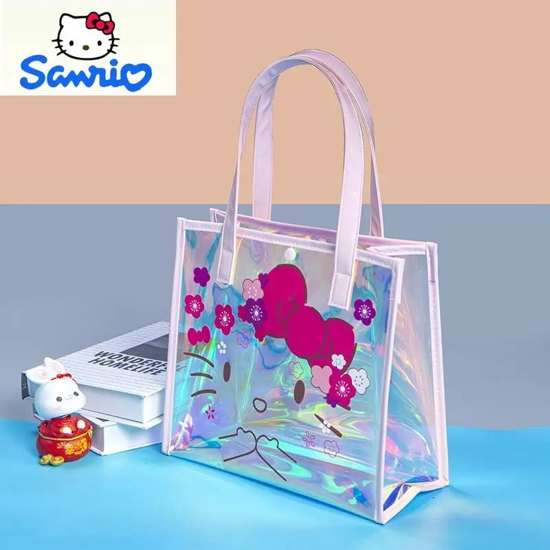 

sanrio Hello Kitty Colorful Laser Shooting Handbag for Women High Quality PVC Cute Transparent Waterproof Storage Beach Bag