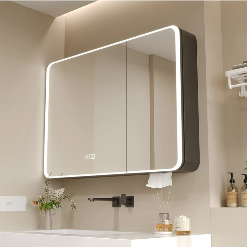 LED Bathroom Mirror Cabinet Aluminum Rounded Smart Storage Makeup Shelf Tissue Slot Touch Sensor Anti Fog Bathroom Mirror