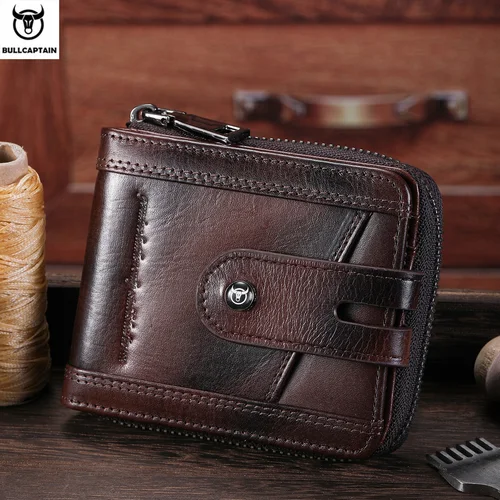 Bullcaptain-cartera plegable de cuero genuino con cremallera para hombre, Tarjetero con bloqueo RFID, guarda de forma segura tu dinero y tarjetas