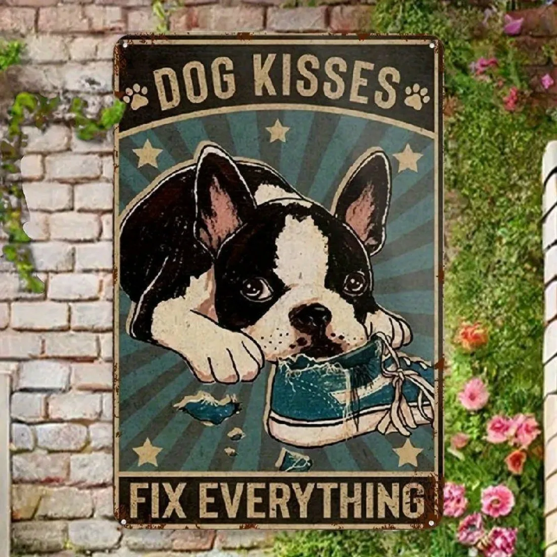 Letrero Metálico Plano 2D - Diseño Vintage con la Frase "Boston Terrier Kisses Fix Everything" - Decoración Rústica con Perro en Azul Turquesa y Negro para el Hogar, Dormitorio, Bar