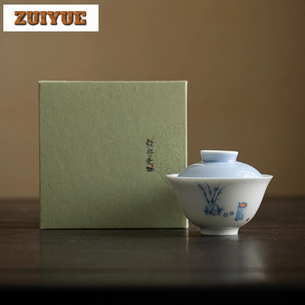 130ml Hand-painted Light Boat Bowl Household White Porcelain Anti Scald Gaiwan Zen Tea Tureen Teacup Chinese Tea Set Supplies