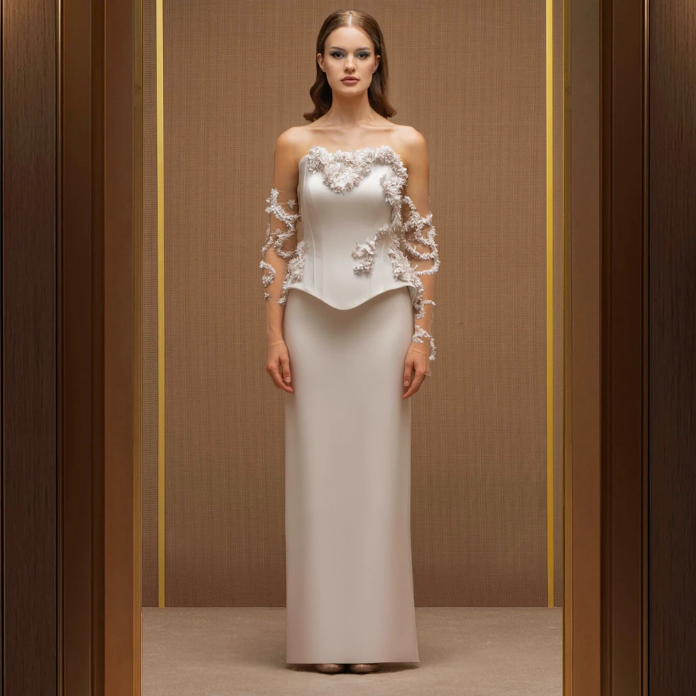 

Strapless Jersey Evening Dress for Women Customized 3D Lace Detachable Sheer Sleeves Back Slit Floor Length Formal Party Gowns