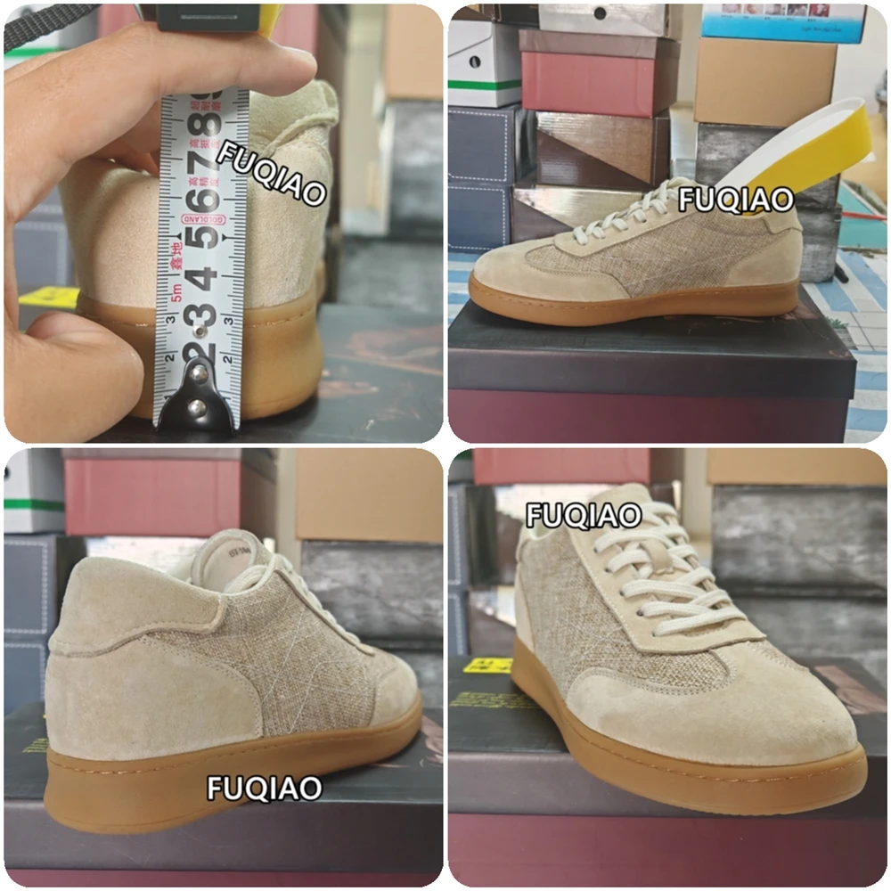 Men Casual Sneakers 6CM Invisible Height Increasing Shoes Pigskin And Canvas Lace Up Elevator Shoes Daily Walking Lift Footwear