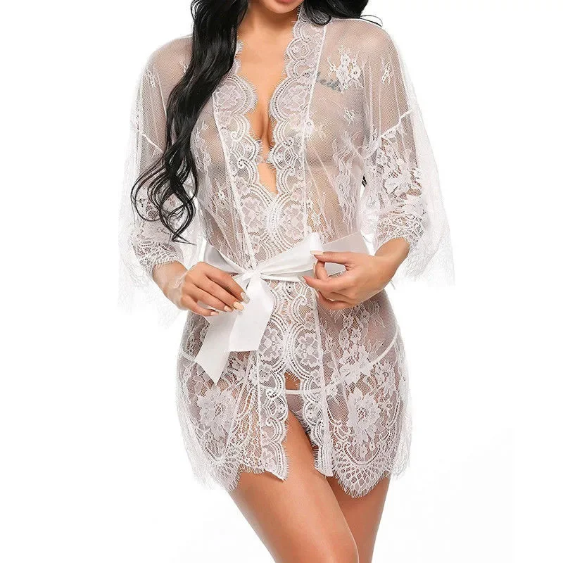 Lace Sleepwear Dress Robe Kimono Women Sexy Lingerie Transparent V-Neck Nightwear Babydoll Erotic Robe G-string Costume