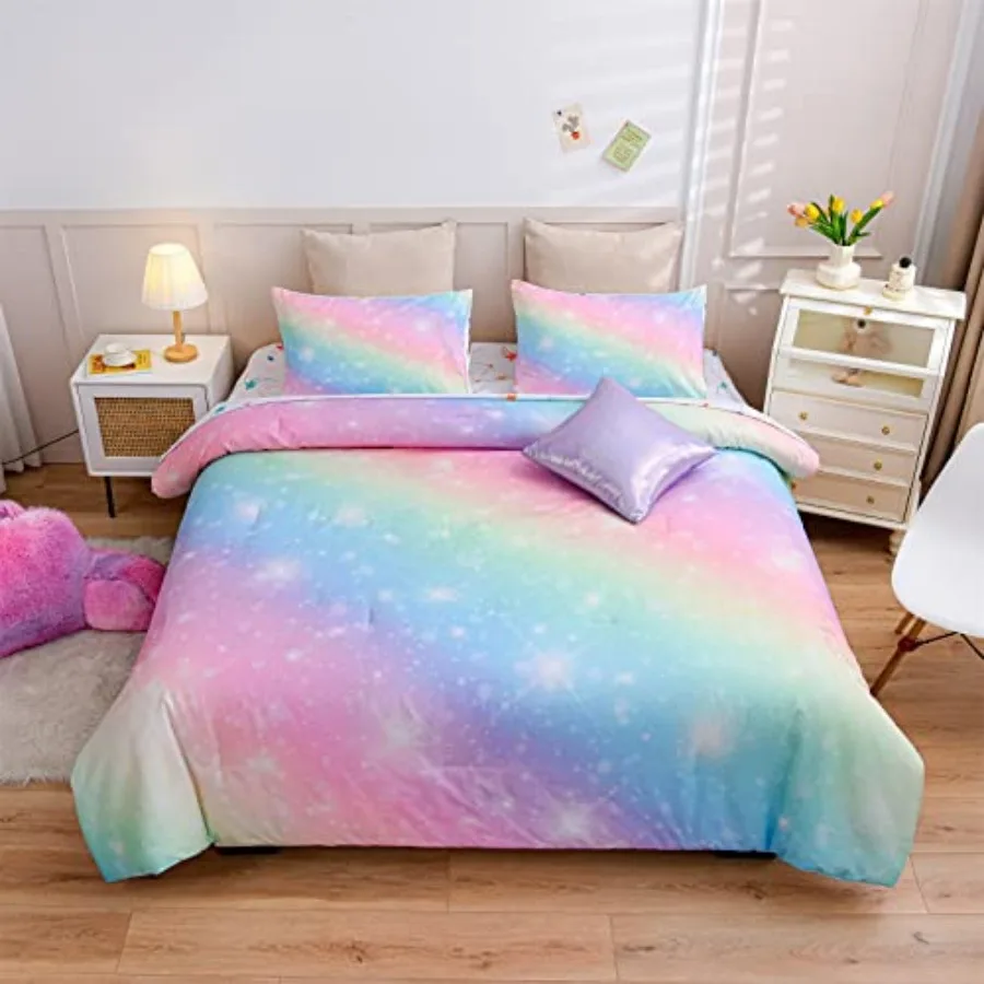 

6Pcs Gradient Glitter Bedding Set for Girls Size, Colorful Rainbow Galaxy Comforter Set, Ultra Soft Bedding Sets