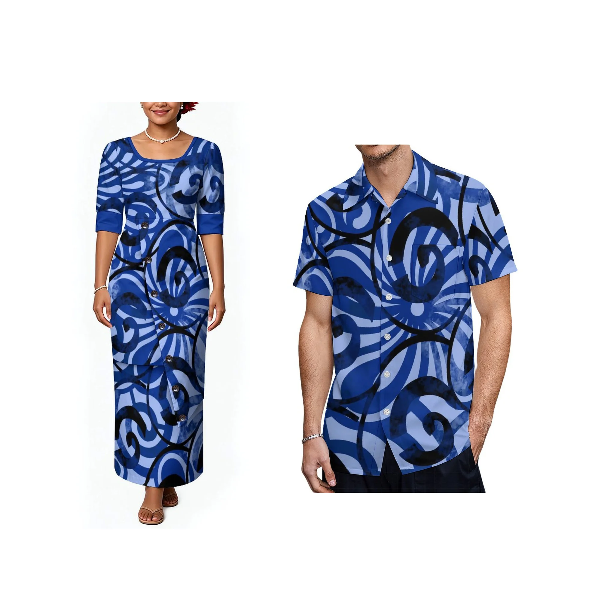 Couple Set Puletasi Print Hot Custom Women Button Maxi Dress Men Short Sleeve Shirt Matching Outfit Beach
