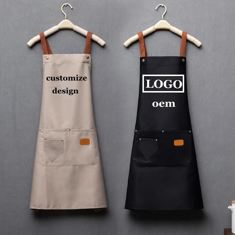 

Customized Embroidery Print Logo Signature Waterproof Kitchen Aprons Home Chef Baking Clothes With Pockets Adult Bib Waist Bag