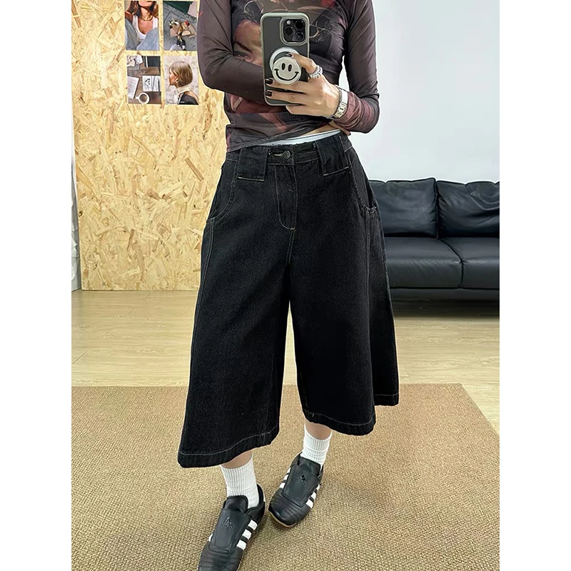 

ZHIZOU Summer Y2K Vintage 2000s Baggy Jean Shorts Womens Washed Wide Leg Black Pants Casual Barrel Jeans Denim Shorts Oversized