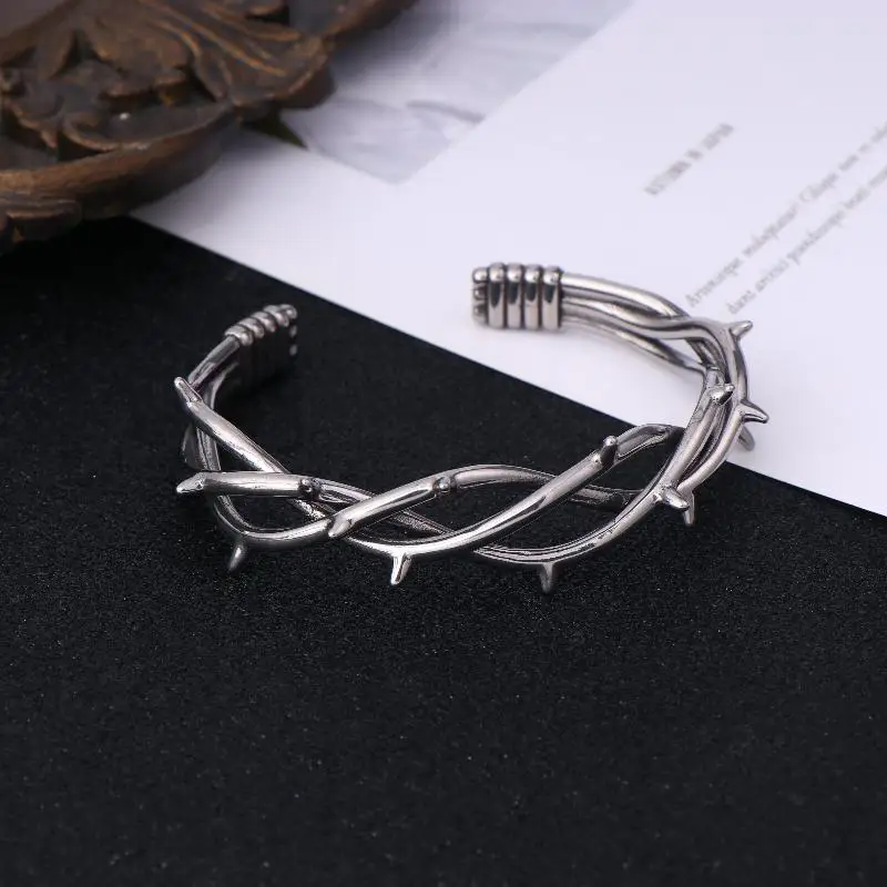 Barbed Wire Bangle Stainless Steel Twisted Jewelry GiftGothic Thorn Cuff Bracelet For Unisex Punk