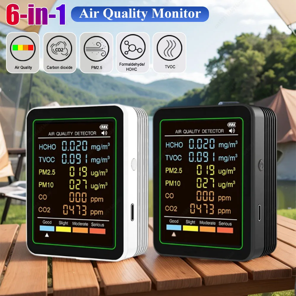 6-in-1 Air Quality Meter Real-Time Formaldehyde TVOC PM2.5 PM10 Carbon Dioxide CO Tester HCHO Detector for Office School & Hotel