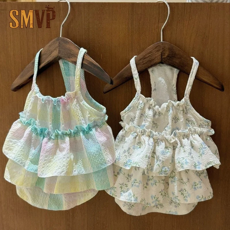 Cute Tiered Frill Pet Halter Dress Pastel Color Grid and Tiny Floral Two Styles Lightweight Daily Walking Pet Outfit Dog Clothes
