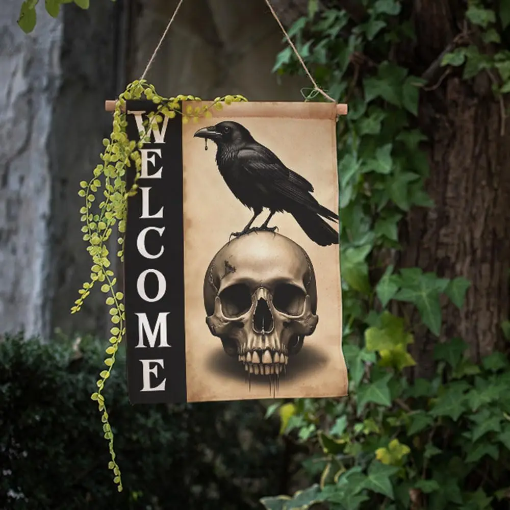 Moslion Halloween Skull Raven Garden Flag Vertical Double Sided Horror Bird On Skeleton Head Welcome House Flags Home Burlap zzo