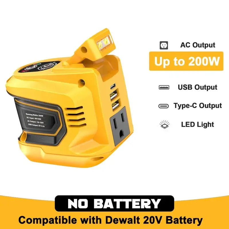 200W Power Inverter 20V Battery, Battery NOT Included, DC 20V to AC 110-120V Battery Inverter, 2 USB & 1 Type-C & 1 AC Outlet