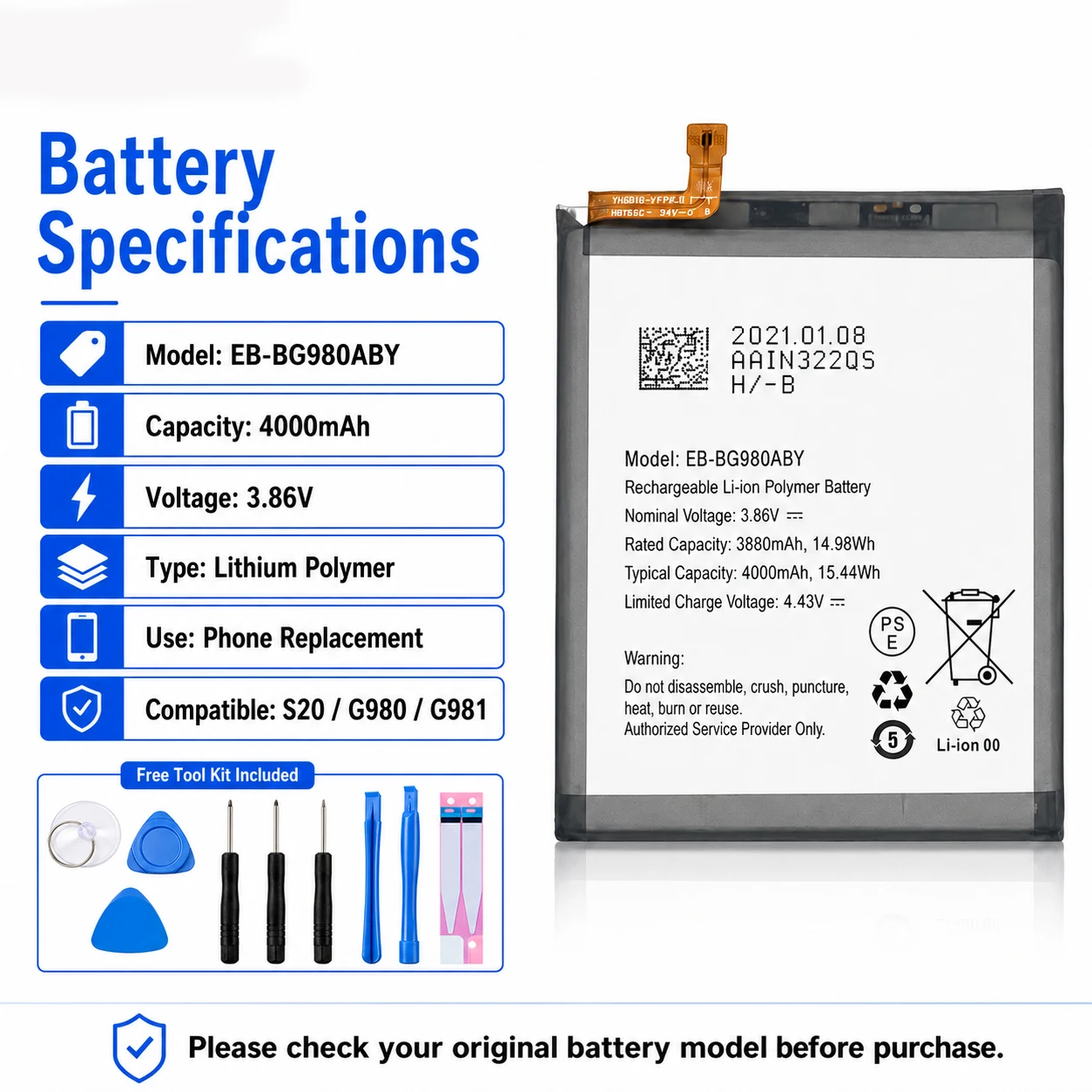 EB-BG980ABY Battery 4000mAh 3.86V Rechargeable Lithium Polymer Replacement Battery for Samsung Galaxy S20 G980 G981 With Tools