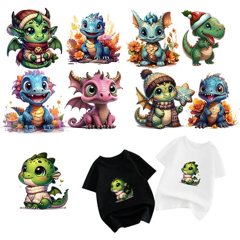 DTF cartoon dinosaur pattern heat transfer printed clothing DIY stickers Iron On baby hooded T-shirt animal patches