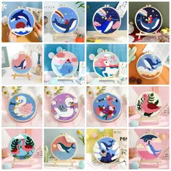  Punch Poke Needle Embroidery Starter Kits Craft Dolphin Swan Flamingo Kids Children Funny Easy DIY Needlework Set For Beginner