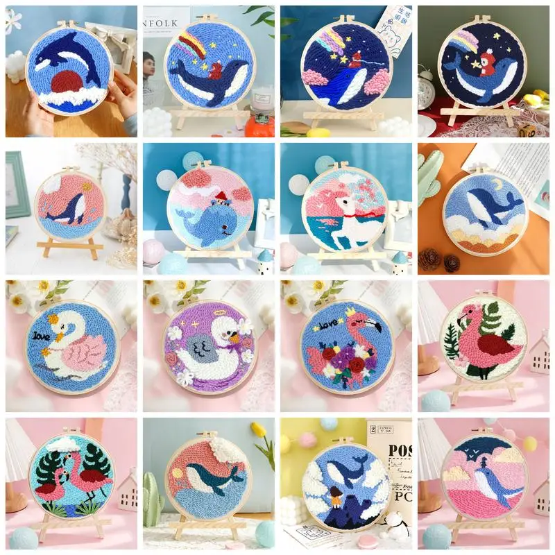 ﻿ Punch Poke Needle Embroidery Starter Kits Craft Dolphin Swan Flamingo Kids Children Funny Easy DIY Needlework Set For Beginner