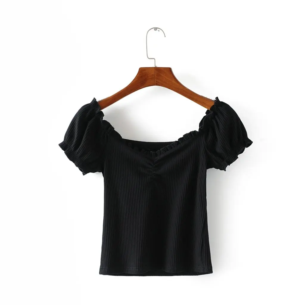 

YPFF Solid Color Slim Fit T-Shirt Sexy Retro Square Collar Chest Pleated High Waist Short Sleeve for Women
