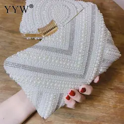 Elegant Full Pearl Beads Evening Clutch Handbag Women Silver Pillow Diamond Envelope Messenger Wallet Purse Lady Party Chain Bag