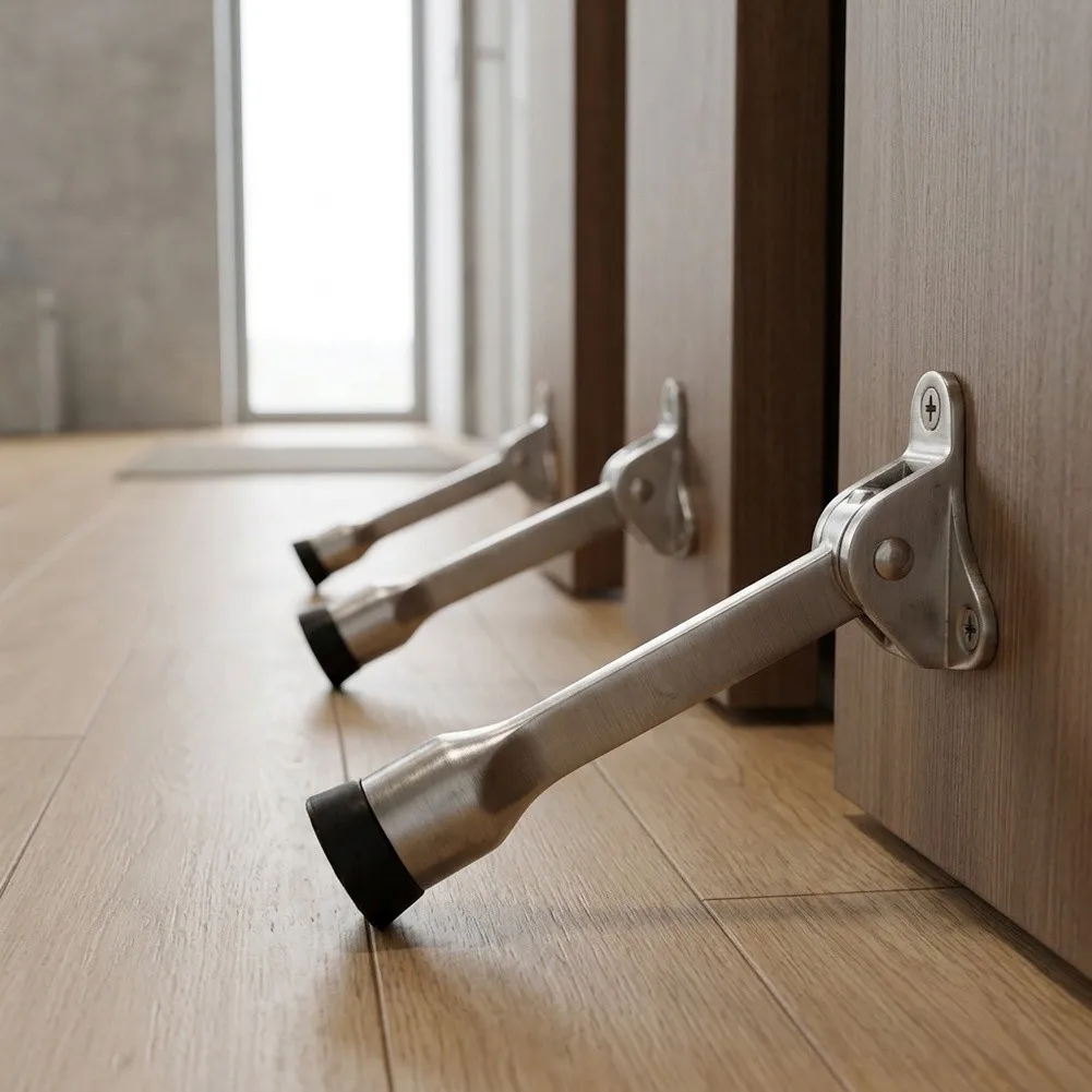 Kickdown Door Stop Set 4 Units Zinc Alloy Body Non-Slip Rubber Tip Foot Activated Door Holder for Indoor Outdoor Use
