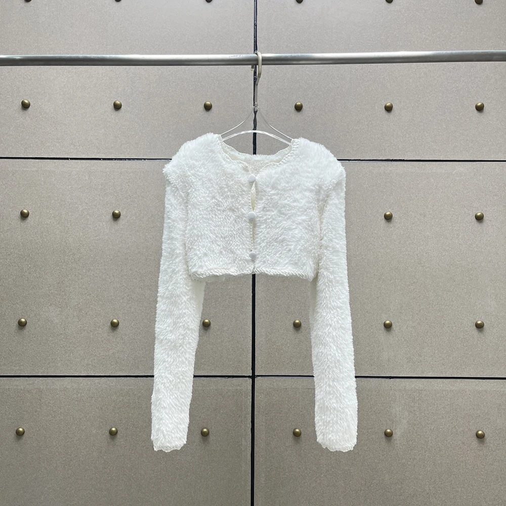 2023 Autumn And Winter New Cardigan Y2k White Short Plush Round Neck Long Sleeve Knitted Top Fashion Temperament Peplum Jacket