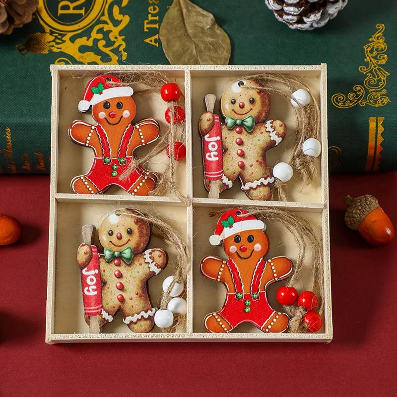 

12PCS new Christmas decorations wooden colored gingerbread man small pendant, Christmas tree pendant Christmas home decoration