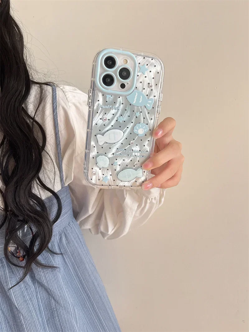 Luxury Blue Dot Pearl Phone Case for iPhone 15 14 13 Pro Max 15pro Silver muslin Design Cover Cartoons Shells Protection Cases