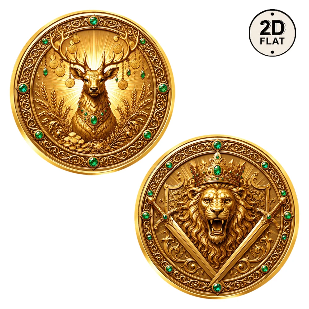1pc Wealth Deer & Crown Lion Commemorative Coin 2D Vintage Royal Animal Metal Collectible Medal Good Luck Inspirational Gifts