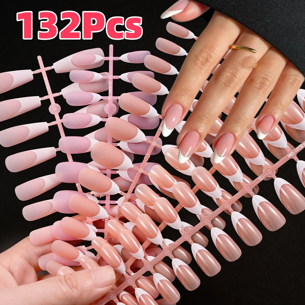 

120/132Pcs French Almond False Nail Tips Full Cover Matte Press On Nails Fake Fingertips for Women Manicure Salon DIY Extension