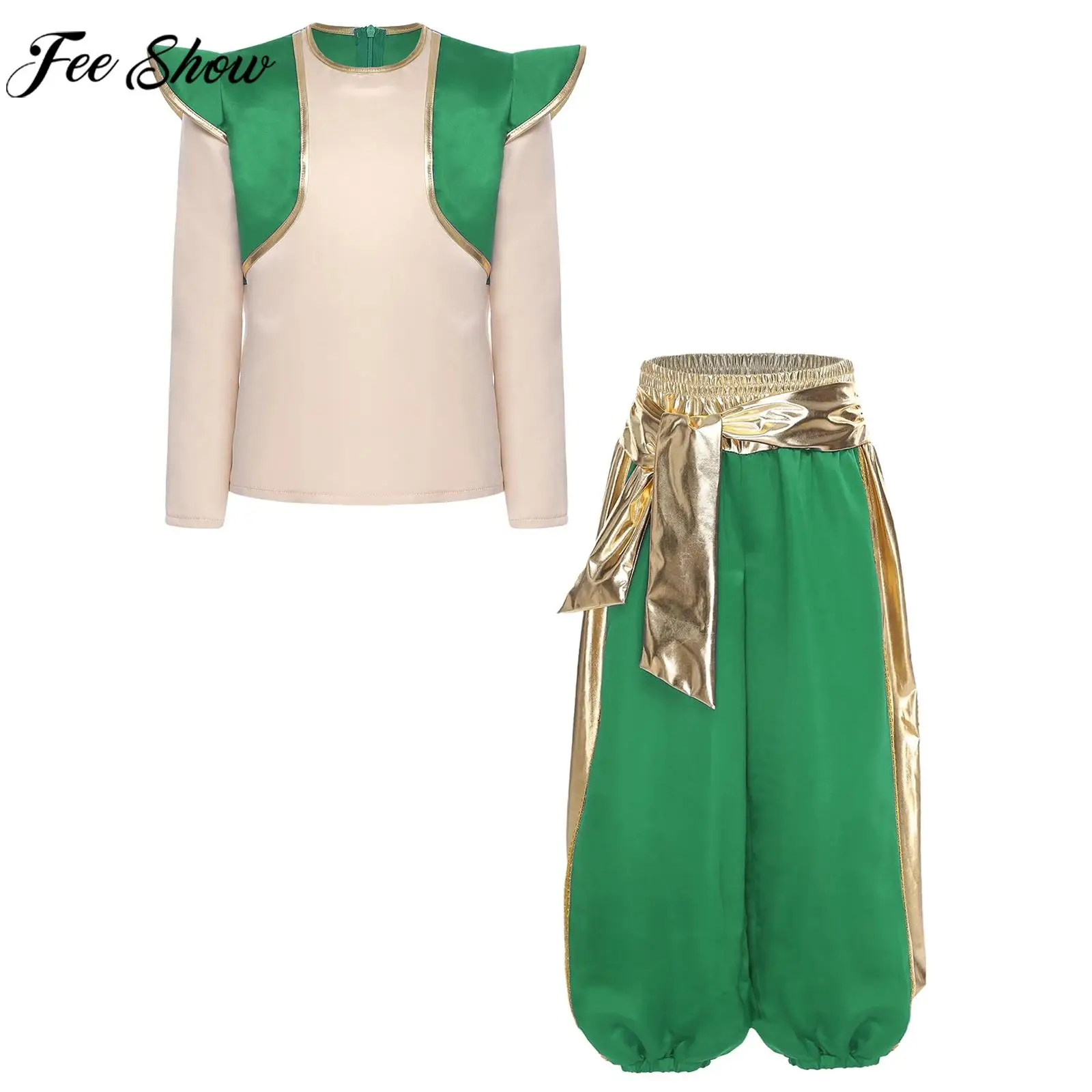 Boys Fairy Tales Arabian Prince Lamp Elf Cosplay Performance Costume Long Sleeve Top Harem Pants for Halloween Dress Up Party