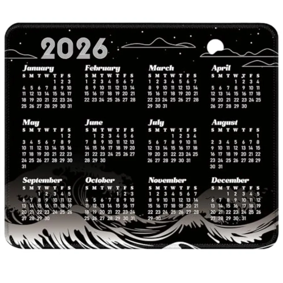 Alfombrilla de Ratón con Calendario 2026, 240mm×200mm, Pequeña, Impermeable, con Bordes Cosidos y Base de Goma Antideslizante para Oficina y Hogar