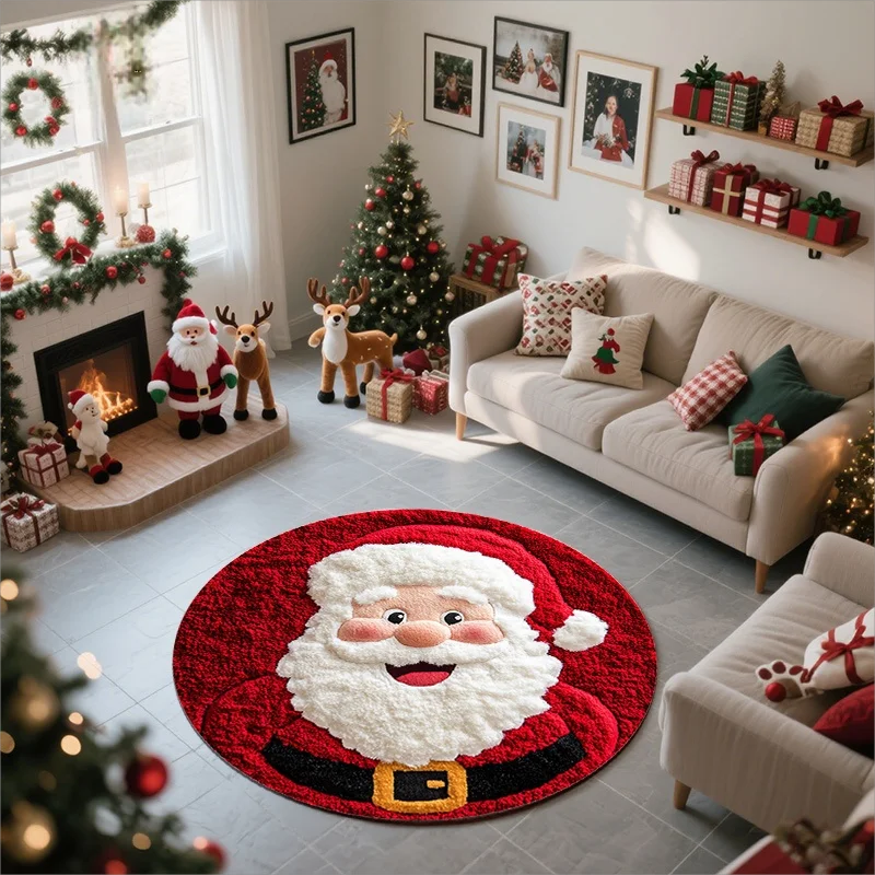 VIKAMA Round Christmas Rug Santa Claus Face Holiday Decor Green Snow Circular Area Rug Floor Mat 2027 Christmas Home Decor