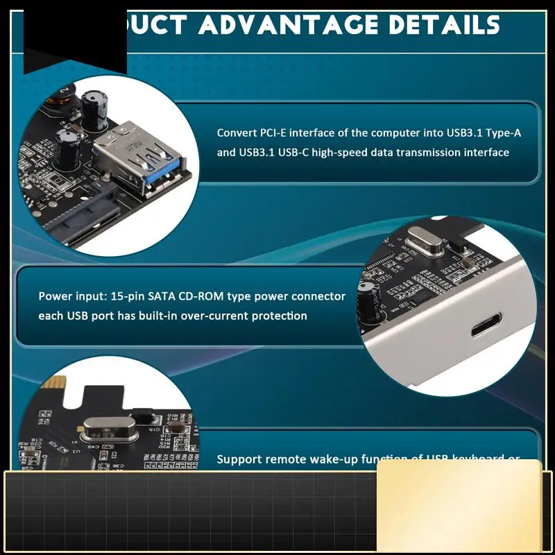 

Карта адаптера PCI-E 4X к USB3.1 Плата расширения 10G Задний адаптер TYPE-C + плата TYPE-A Модуль ASM1142-N33R