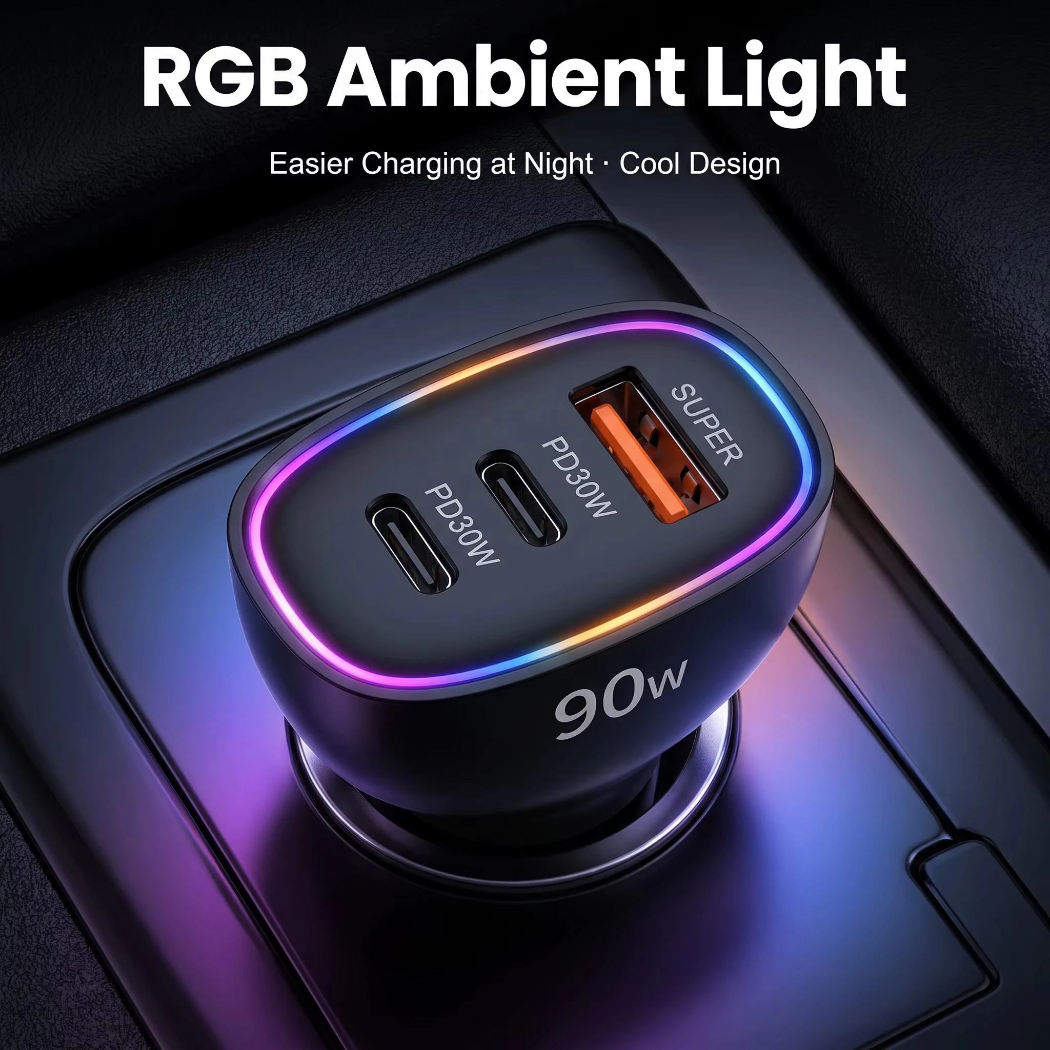 Image of 90W USB-C Auto-Ladegerät mit Mehrfachanschlüssen, Dual PD 30W Superschnelles Ladeadapter für iPhone 17 16 15, MacBook, Samsung und Android-Telefone