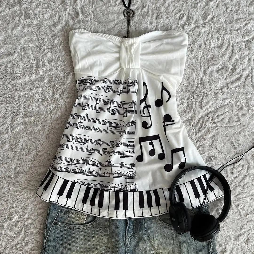 Summer New Vintage Black White Piano Key Punk Style Off-Shoulder Top Women's Short Sleeve Printed T-Shirt Casual Outerwear
